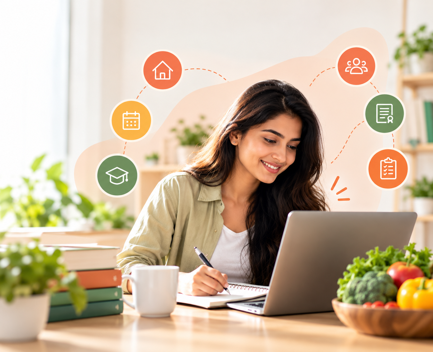 Student studying a nutrition course online on a laptop at home